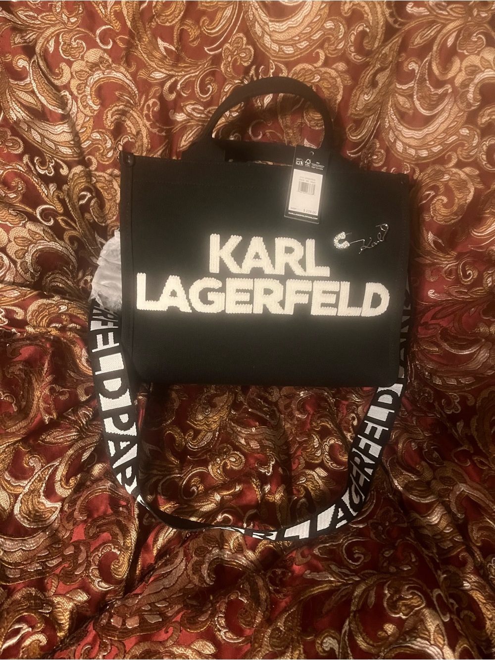 Karl Lagerfeld Black Tote with White Logo and Branded Strap